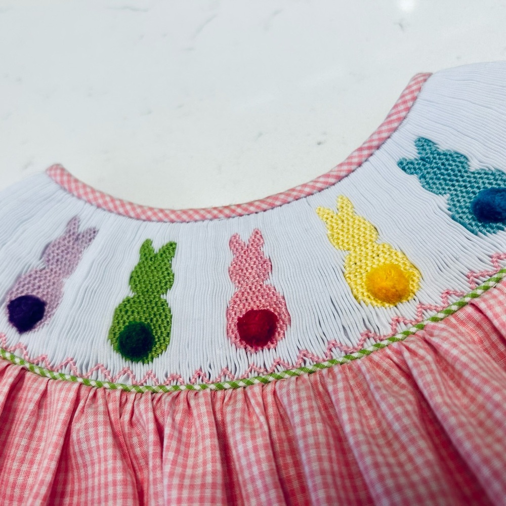 Lulu Bebe Smocked Easter Dress with Colorful Bunny Embroidery